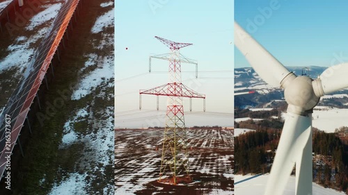 Collage of solar power station, wind turbine propeller and high voltage power lines in winter conditions. Concept of sustainable electricity and climate friendly energy.