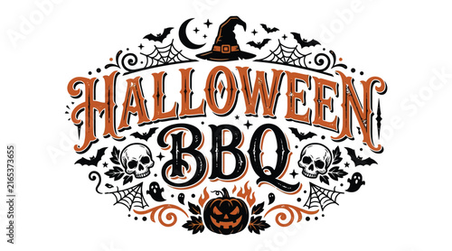 Halloween bbq spooky season vector illustration with skull pumpkin and witch hat typography