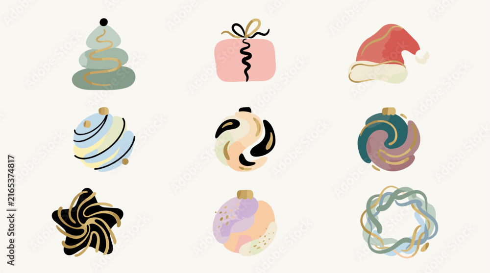 Fototapeta premium Set of nine abstract Christmas icons: tree, gift, hat, ornaments, star, and wreath, flat design with gold accents