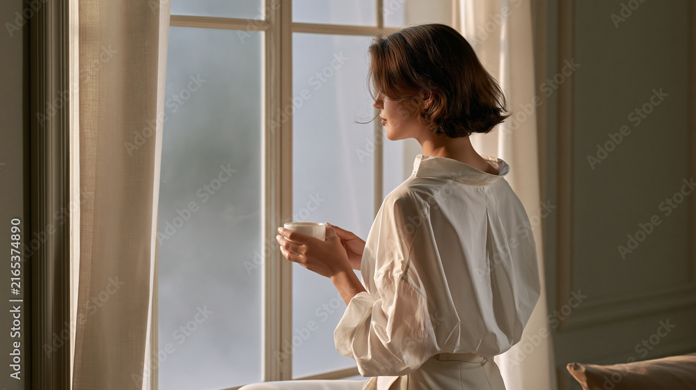 Naklejka premium Person holding warm cup by fogged window showcasing brain fog mental fatigue emotional wellness and mental clarity lifestyle