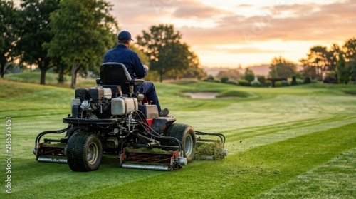 Man operating a riding mower on a golf course at sunset