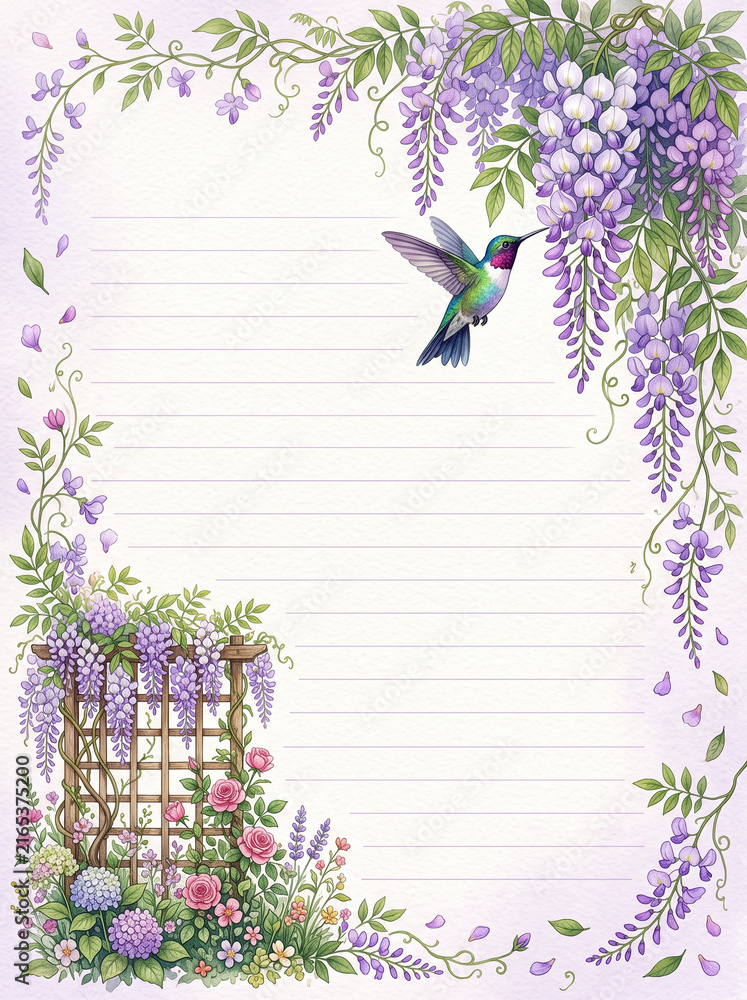 Naklejka premium Wisteria and hummingbird floral page with garden arch for diary and letter writing