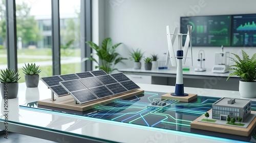 Renewable energy technology model with solar panels and wind turbine