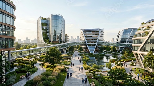 Modern Eco-Friendly Cityscape with Green Spaces and Futuristic Architecture