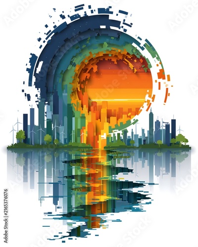 Futuristic smart city skyline emblem with sunset reflection and wind turbines