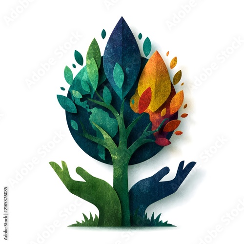 Tree growing from hands with earth and flame representing climate change