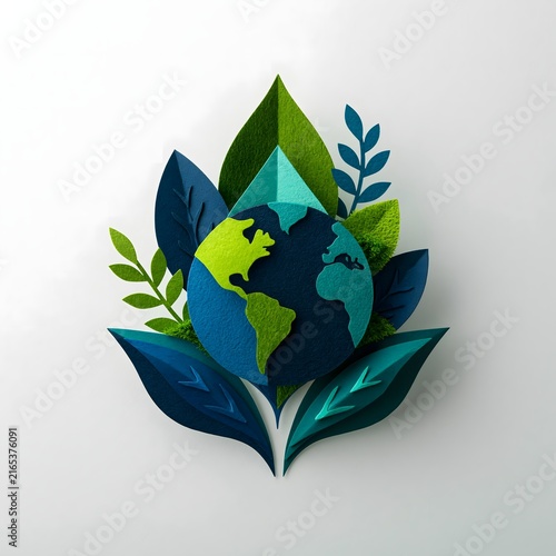 Paper cut earth globe surrounded by green leaves representing sustainability and nature