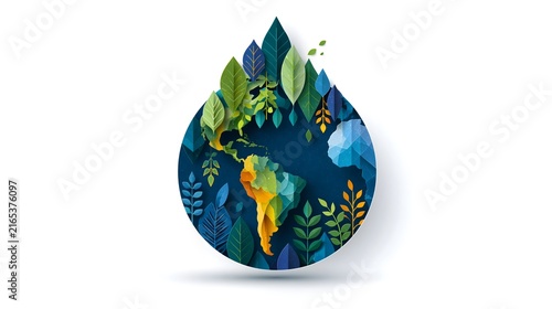 Earth globe shaped as water drop surrounded by leaves for conservation