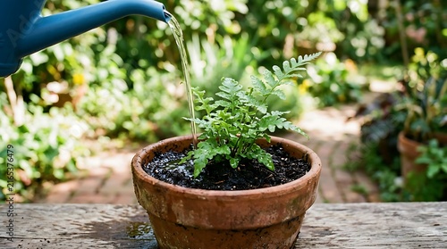 Blue watering can pouring fresh water onto a vibrant green potted fern sitting on a rustic wooden bench outdoors.