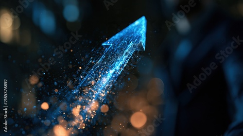 Futuristic digital arrow made of glowing blue particles and flowing data, representing technology, digital transformation, business growth, innovation and forward progress.