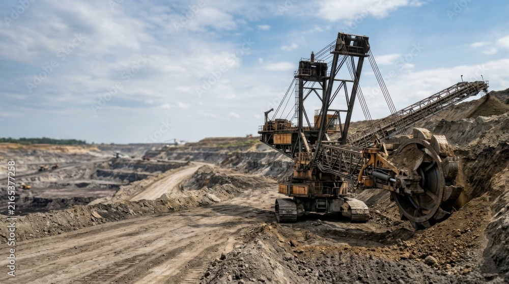 Fototapeta premium Massive Excavator Operates in Large Open-Pit Mine Under Partly Cloudy Sky