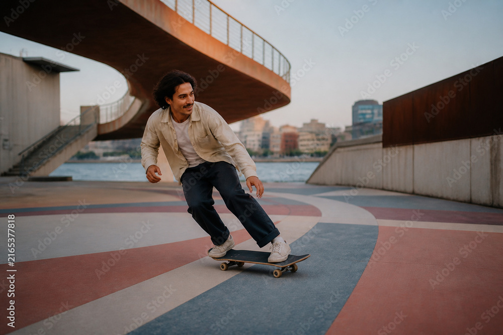 Fototapeta premium Smiling young man skateboarding on urban square. Modern architecture and river background. Concept of youth lifestyle, freedom, and activity. Natural evening light creates dynamic motion.