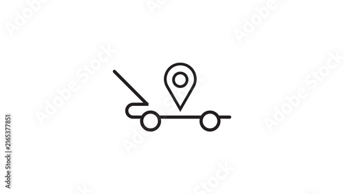 Minimal line art vehicle icon with location pin shows GPS tracking and logistics delivery.