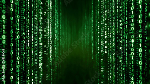 Obraz w ramie Abstract digital code stream featuring flowing green binary numbers on dark background for technology themed wallpaper.