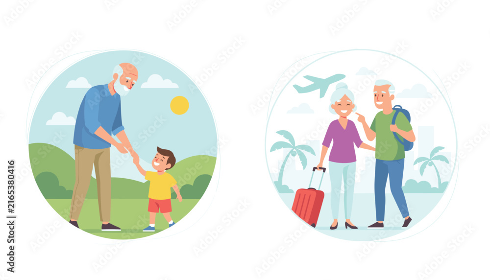 Fototapeta premium Circular vignettes show a loving grandfather holding a child's hand and a happy senior couple traveling with suitcases.