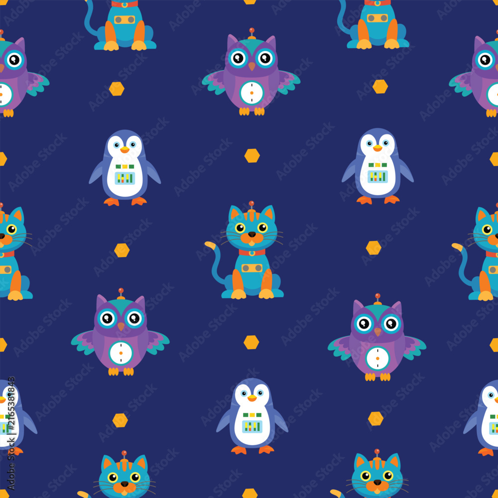 Obraz premium Cute robot cat, owl and penguin seamless pattern with glowing lights, mechanical cute animals vector illustration for kids and nursery on dark blue background