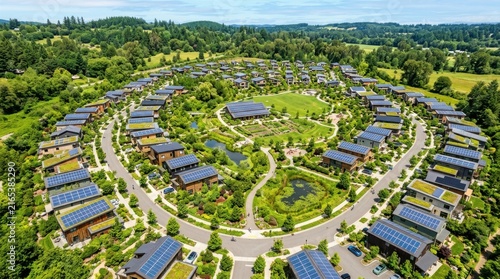 Aerial view of a sustainable circular residential community with solar panels and green space.