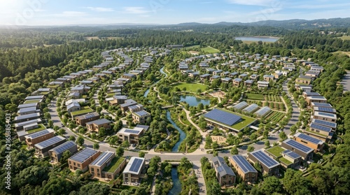 Aerial view of a sustainable residential neighborhood with solar panels and green spaces.