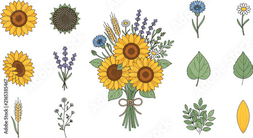 Watercolor collection of sunflowers and wildflowers arranged in a bouquet with individual floral elements on white background