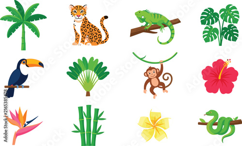 Set of hand drawn watercolor tropical jungle elements including animals plants and exotic flowers on white background