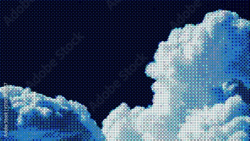 Photography Dramatic fluffy white clouds in dark blue sky rendered in halftone dot pattern pixel art style