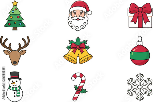 Set of hand drawn watercolor christmas icons including santa claus tree reindeer snowman and festive holiday decorations