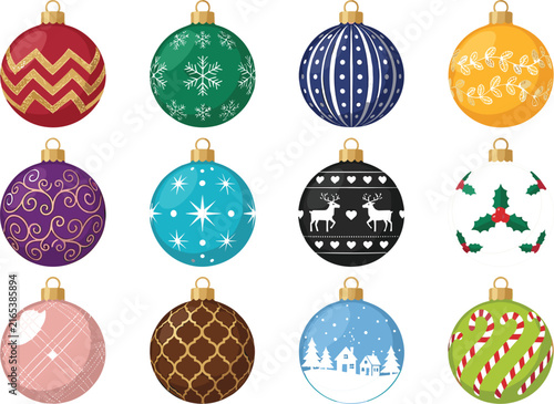 Set of twelve colorful christmas tree ornaments with various patterns isolated on a white background
