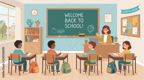 Teacher and Students in a Classroom with Computer, Desks, and Blackboard, Cartoon Vector Illustration for Education and School Learning