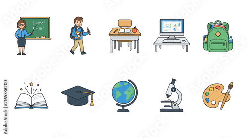 School and Education Icon Set with Books, Computers, Supplies, People, Money and Office Objects in Flat Vector Illustration Style