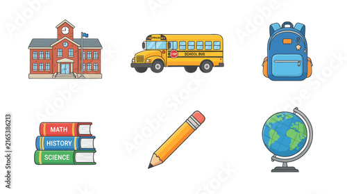 Back to School Collection of Colorful School Icons and Education Symbols for Classroom, Learning, and Academic Themes