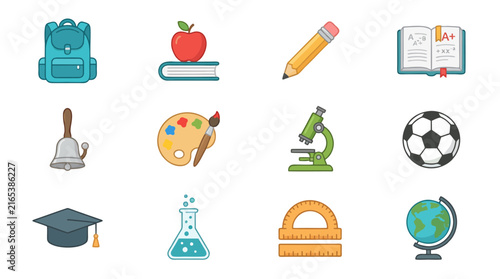 Back to School Icon Set with Colorful Flat Vector Symbols for Education, Travel, Summer Vacation, Beach, Food, Toys, Sun, Ball, Tree and Holiday Illustration Design