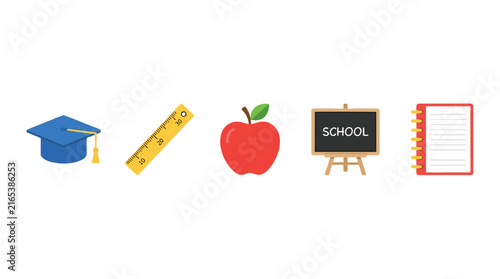 School supplies vector set, flat minimalist design, icons separated with plenty of white space between them, featuring a graduation cap, ruler, apple, chalkboard, and notebook, vibrant primary colors,