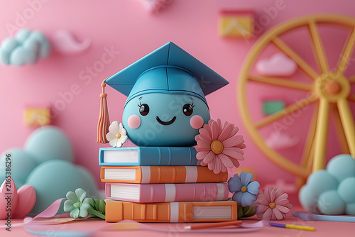 Cute Cartoon Clay-Style Graduation Cap on Books with Ribbons
