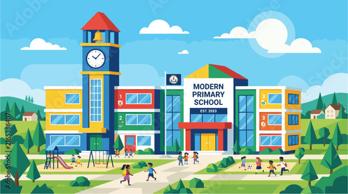 Children Playing in a City Park with Colorful Houses, Urban Buildings, Trees, Cars, and Streets Under a Bright Sky, Cartoon Vector Illustration