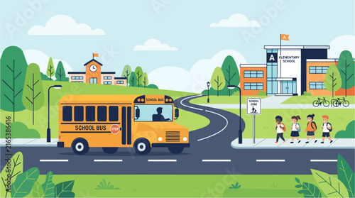 School Bus Driving on City Road, Yellow Cartoon Vehicle for Children’s Transportation, Education and Travel Illustration
