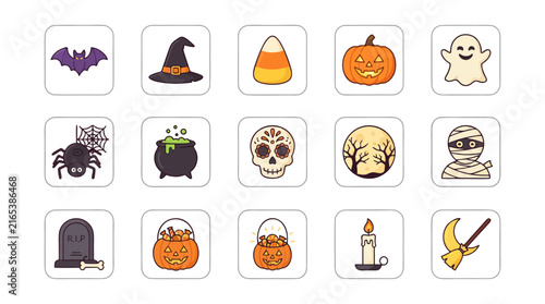 Halloween Icons Set Featuring Spooky Pumpkins, Bats, Ghosts, Witch Hats, Skulls, and Other Festive Symbols for Seasonal Designs and Decorations