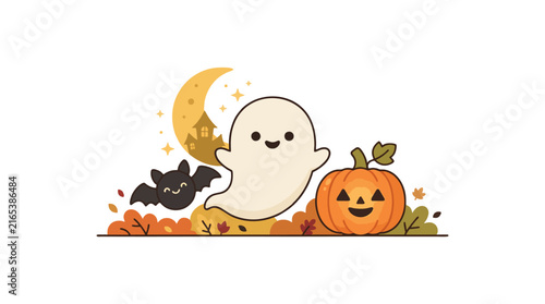 Happy Halloween Pumpkin Illustration with Orange Pumpkin, Bats and Spooky Autumn Decorations for October Holiday Celebration Card Design