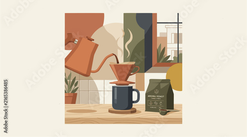 Modern minimalist coffee vector illustration, stylized flat design, warm earthy tones, clean geometric shapes, sophisticated graphic art style