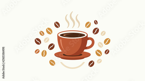Cup of Coffee with Heart Icon, Hot Espresso Beverage in Brown Mug with Steam, Cappuccino and Saucer, Cozy Morning Breakfast Cafe Drink Illustration, Vector Logo Design