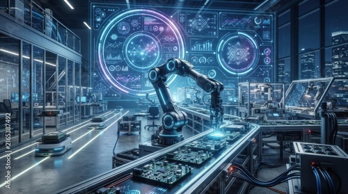 Robotic arm assembling electronic circuit boards in a high-tech automated smart factory.