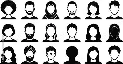 Foto Diverse group of stylized human head silhouettes a black vector illustration on