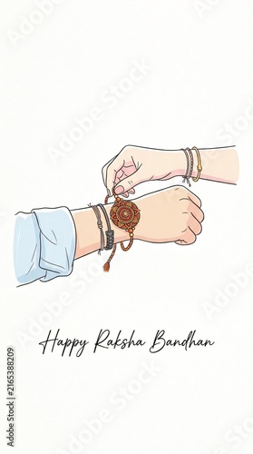 Image is a minimalist illustration featuring two hands, one tying a rakhi on the wrist of the other. The style is line art with soft pastel colors, primarily beige and light pink. The rakhi is detaile
