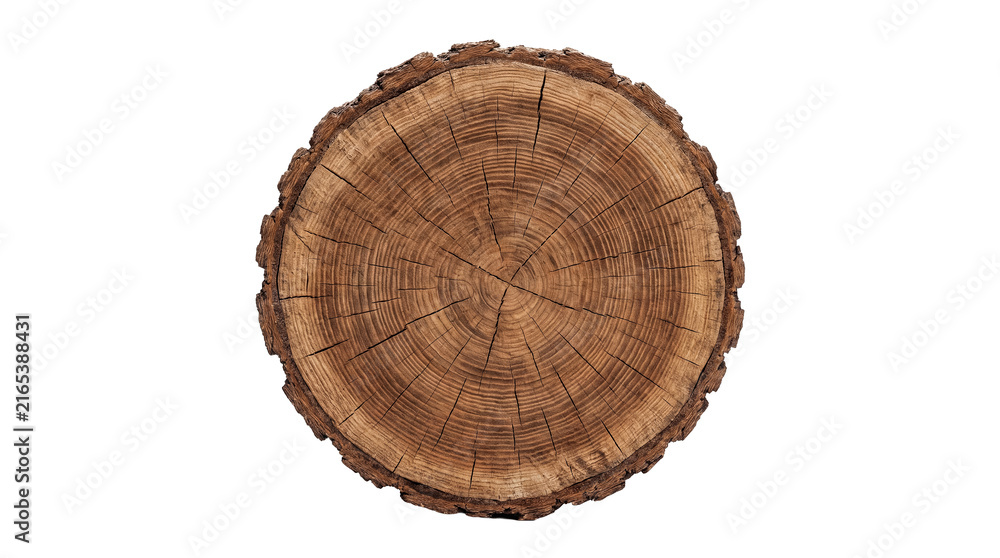 Obraz premium Close-up photograph of a natural tree trunk cross-section, displaying intricate growth rings and rugged bark texture.