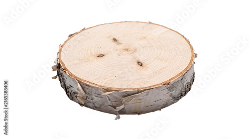 Fotografie Smooth birch wood slice with natural bark edge and annual growth rings, isolated on a bright transparent background