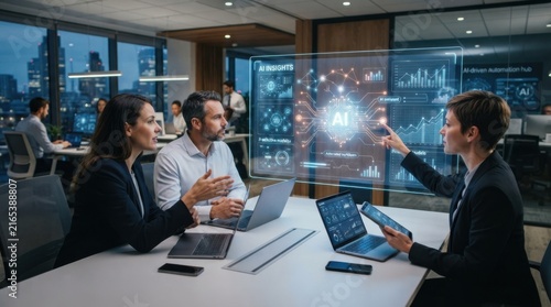 Business team analyzing artificial intelligence data on a transparent digital screen in office.