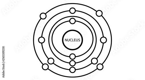 Bild auf Leinwand Black and white line art illustration of a physics atom model with nucleus and orbiting electrons on a white background