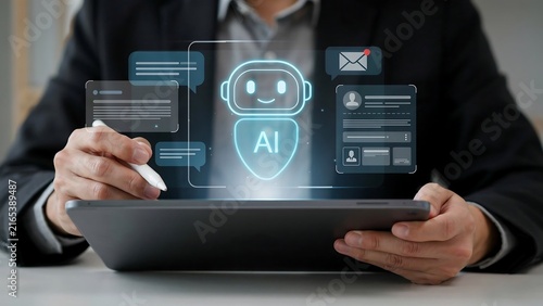 Professional Businessman Using Advanced Digital Tablet Interface for Efficient Artificial Intelligence Chatbot Customer Support Management
