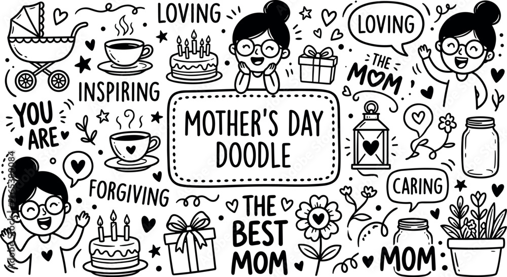 Fototapeta premium Happy Mothers Day Hand Drawn Doodle Elements Line Art Vector Set for Greeting Card Design