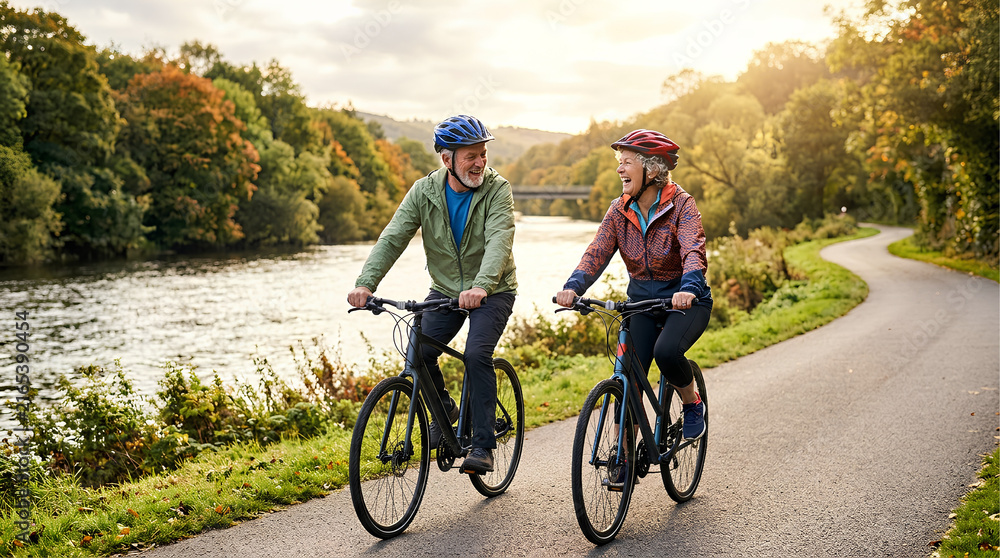 Fototapeta premium Active Senior Couple Cycling Together Enjoying Retirement Lifestyle