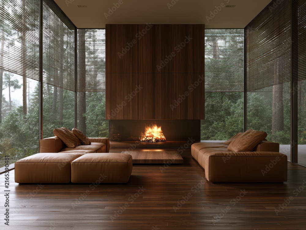 Fototapeta premium Luxurious modern living room with a large fireplace, dark wood paneling, and leather sofas, featuring floortoceiling windows overlooking a lush green forest